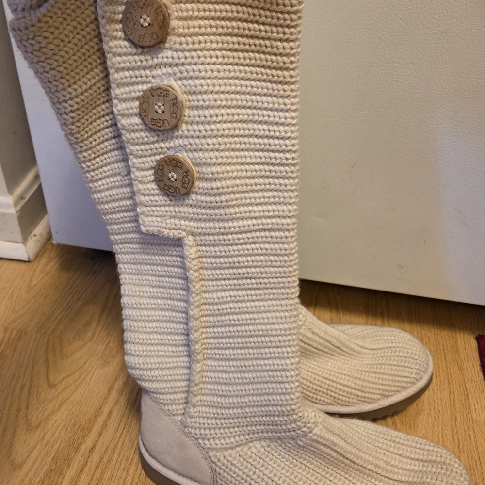 UGG Beige Knit Boots with Button Accents